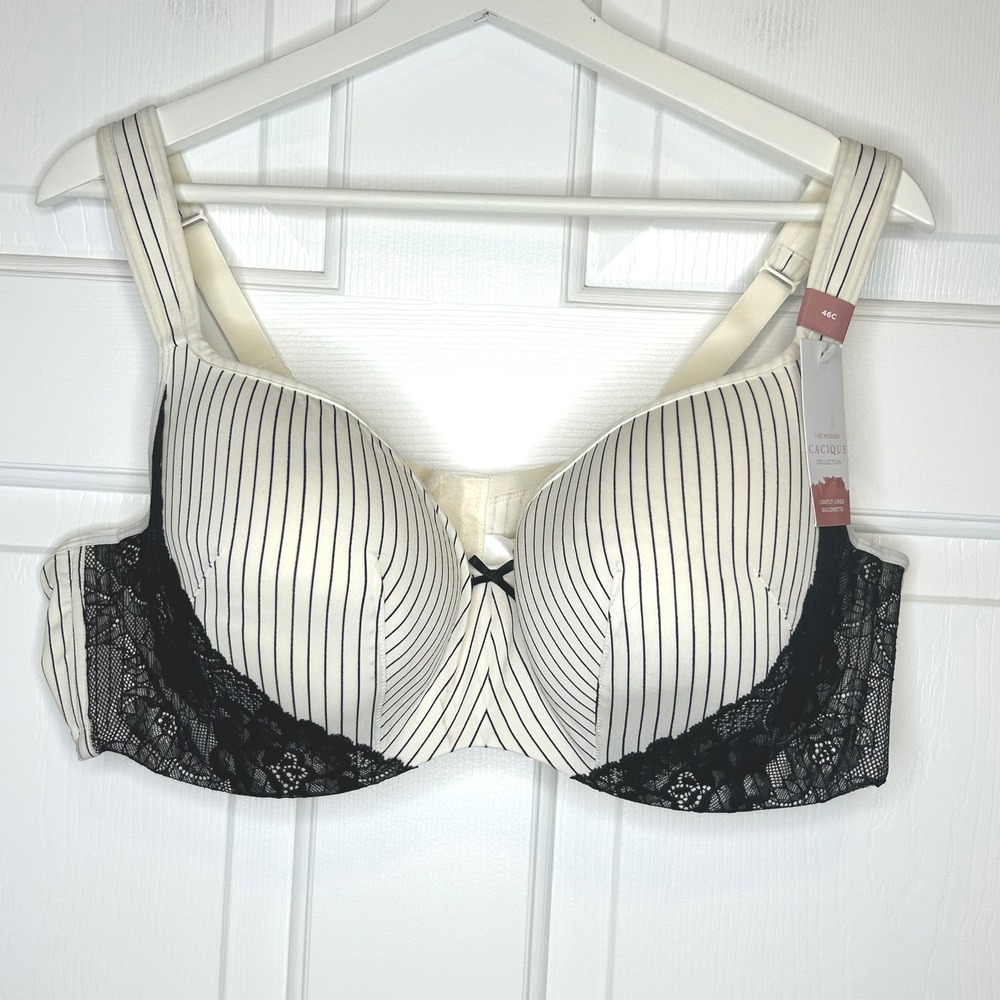 Cacique NWT Modern Lightly Lined Balconette Bra Size 46C Stripe Black Lace‎